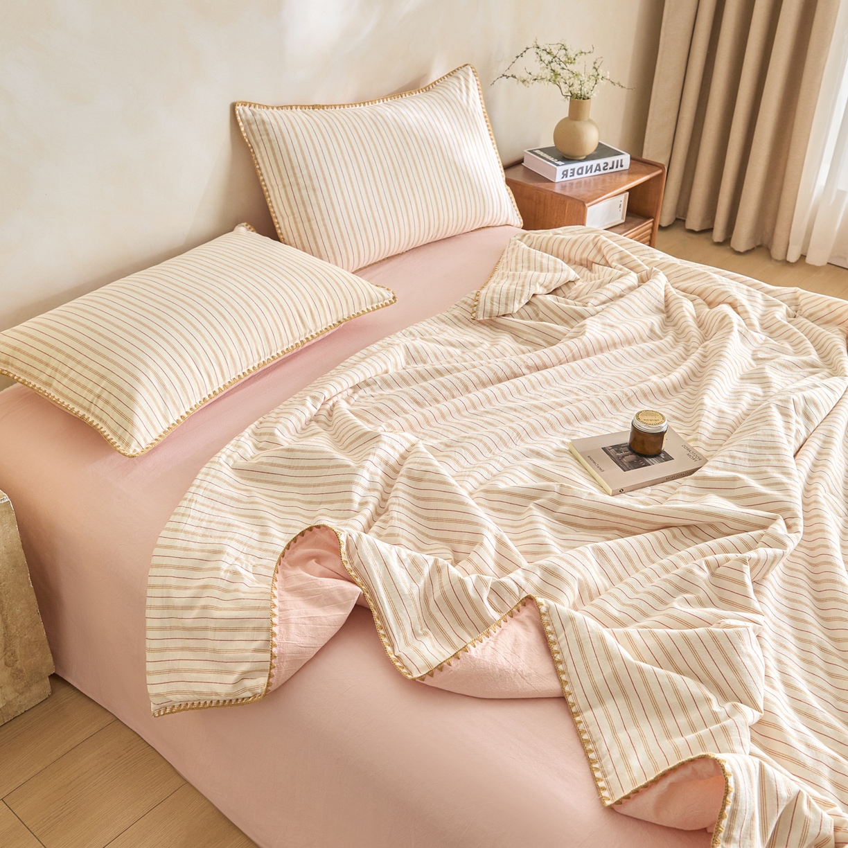 91家纺网 家纺一手货源 找家纺 （总）如一 2026新款全棉色织水洗棉条纹三角针夏被四件套