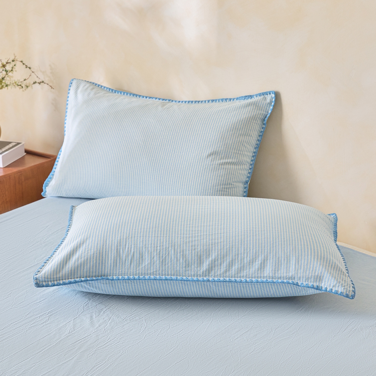 91家纺网 家纺一手货源 找家纺 如一 2026新款全棉色织水洗棉条纹三角针夏被四件套 海岸蓝