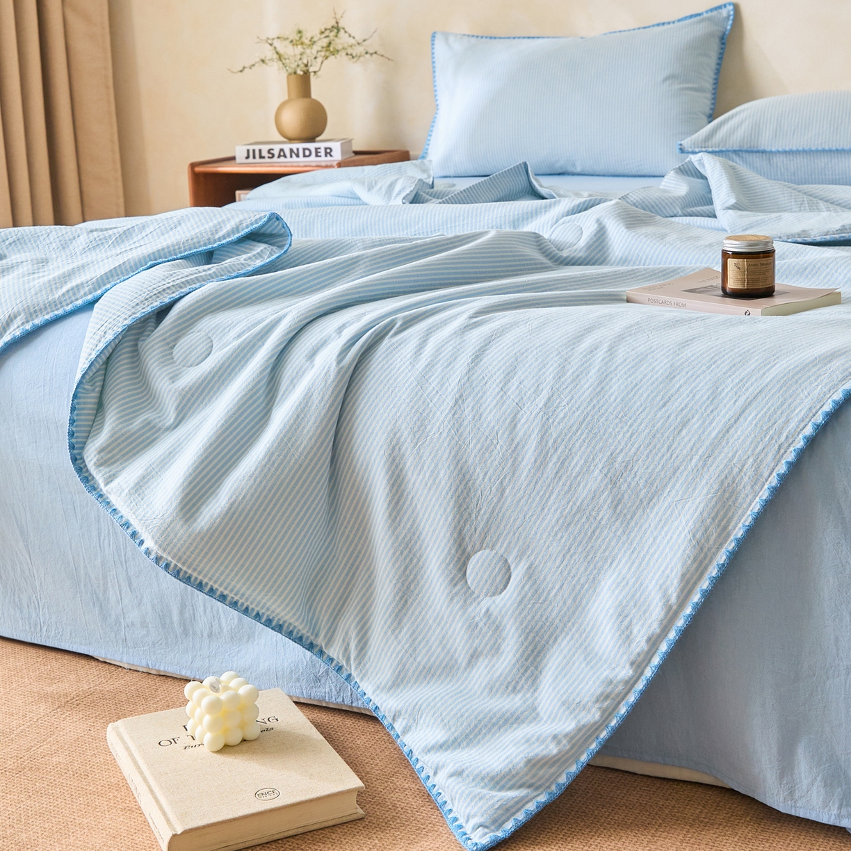 91家纺网 家纺一手货源 找家纺 如一 2026新款全棉色织水洗棉条纹三角针夏被四件套 海岸蓝