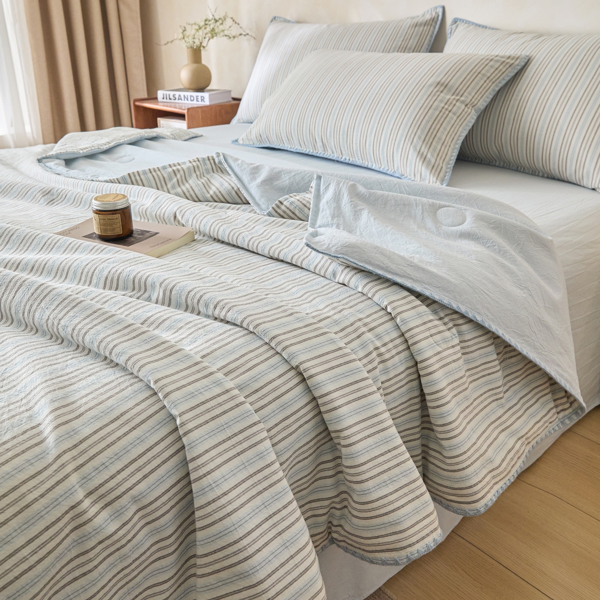 91家纺网 家纺一手货源 找家纺 如一 2026新款全棉色织水洗棉条纹三角针夏被四件套 乐谱蓝