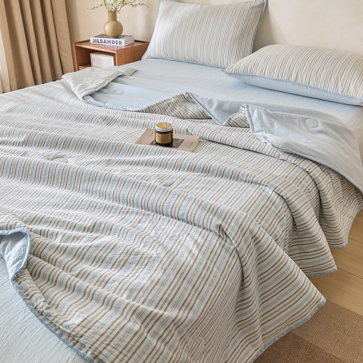 如一 2026新款全棉色织水洗棉条纹三角针夏被四件套 乐谱蓝