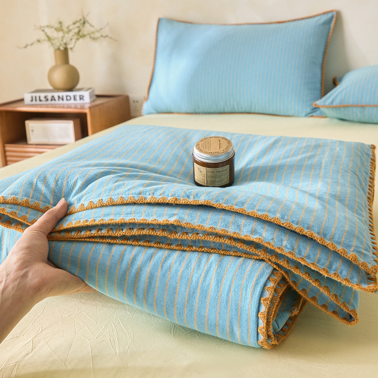 91家纺网 家纺一手货源 找家纺 如一 2026新款全棉色织水洗棉条纹三角针夏被四件套 晴空橙