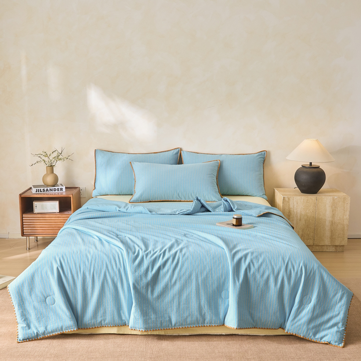 91家纺网 家纺一手货源 找家纺 如一 2026新款全棉色织水洗棉条纹三角针夏被四件套 晴空橙