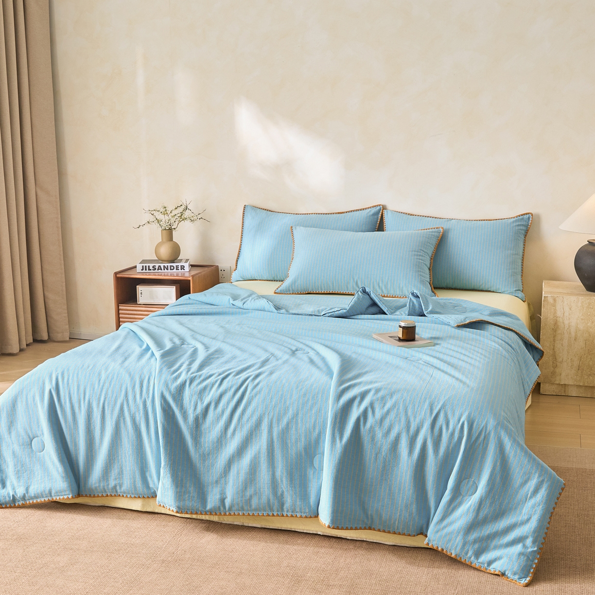 91家纺网 家纺一手货源 找家纺 如一 2026新款全棉色织水洗棉条纹三角针夏被四件套 晴空橙