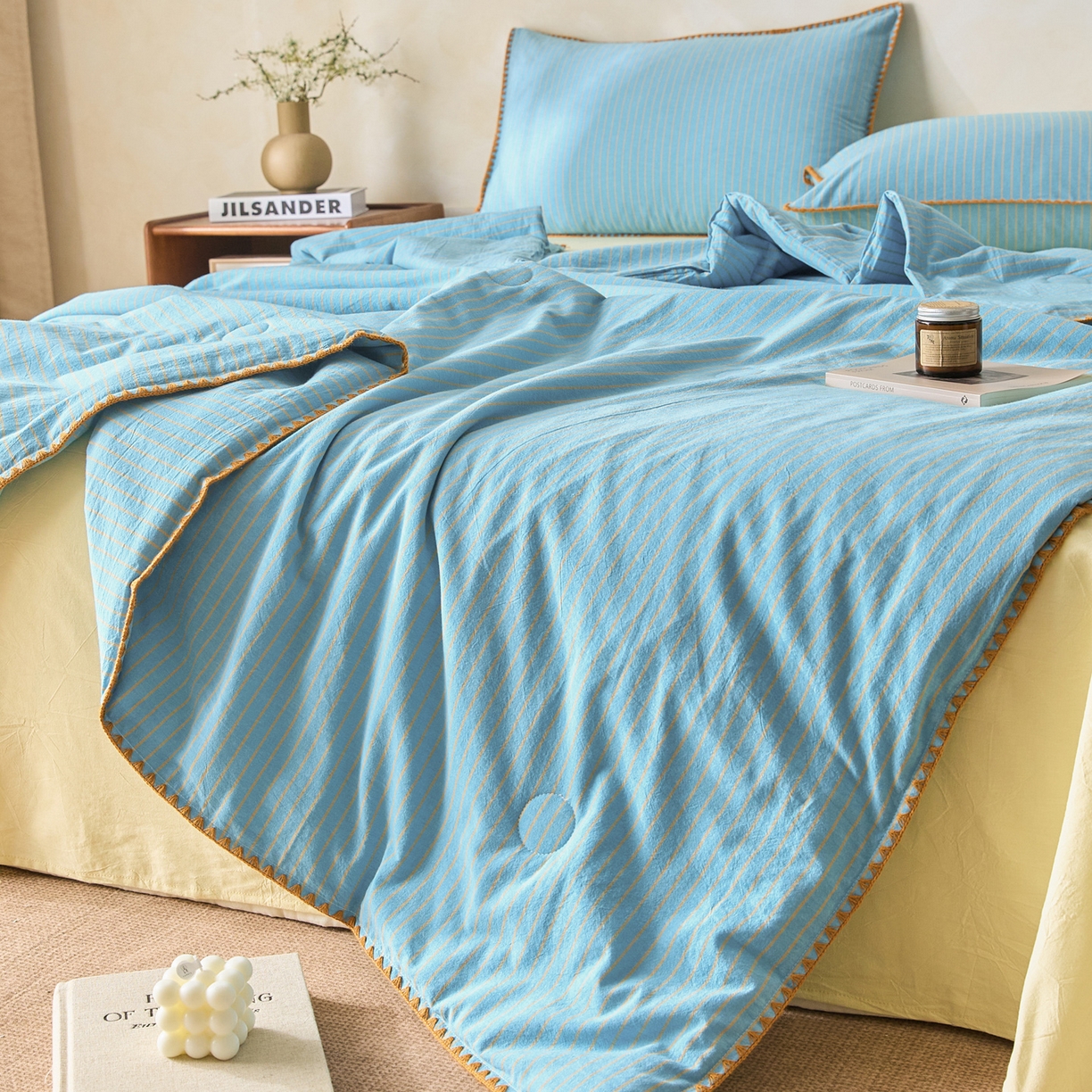 91家纺网 家纺一手货源 找家纺 如一 2026新款全棉色织水洗棉条纹三角针夏被四件套 晴空橙