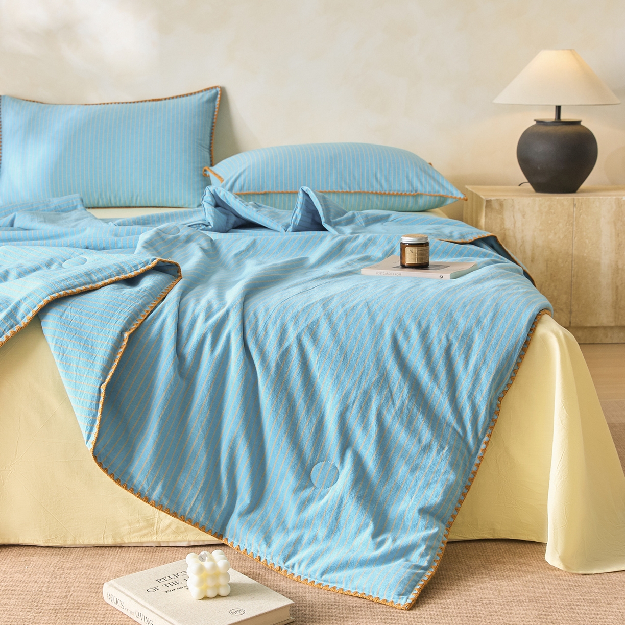 91家纺网 家纺一手货源 找家纺 如一 2026新款全棉色织水洗棉条纹三角针夏被四件套 晴空橙