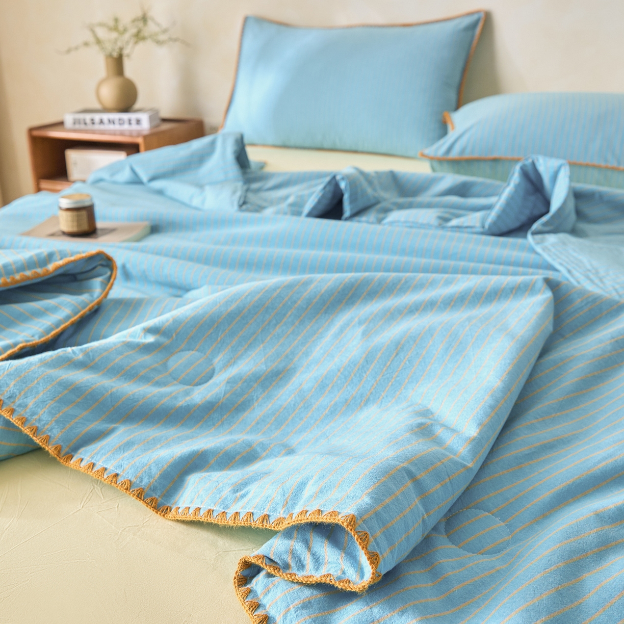 91家纺网 家纺一手货源 找家纺 如一 2026新款全棉色织水洗棉条纹三角针夏被四件套 晴空橙