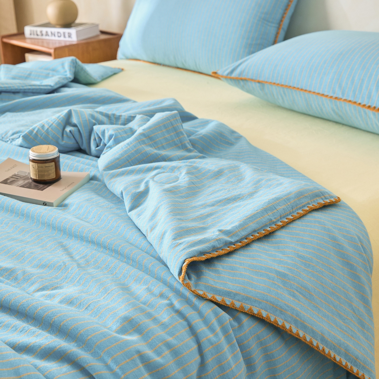 91家纺网 家纺一手货源 找家纺 如一 2026新款全棉色织水洗棉条纹三角针夏被四件套 晴空橙