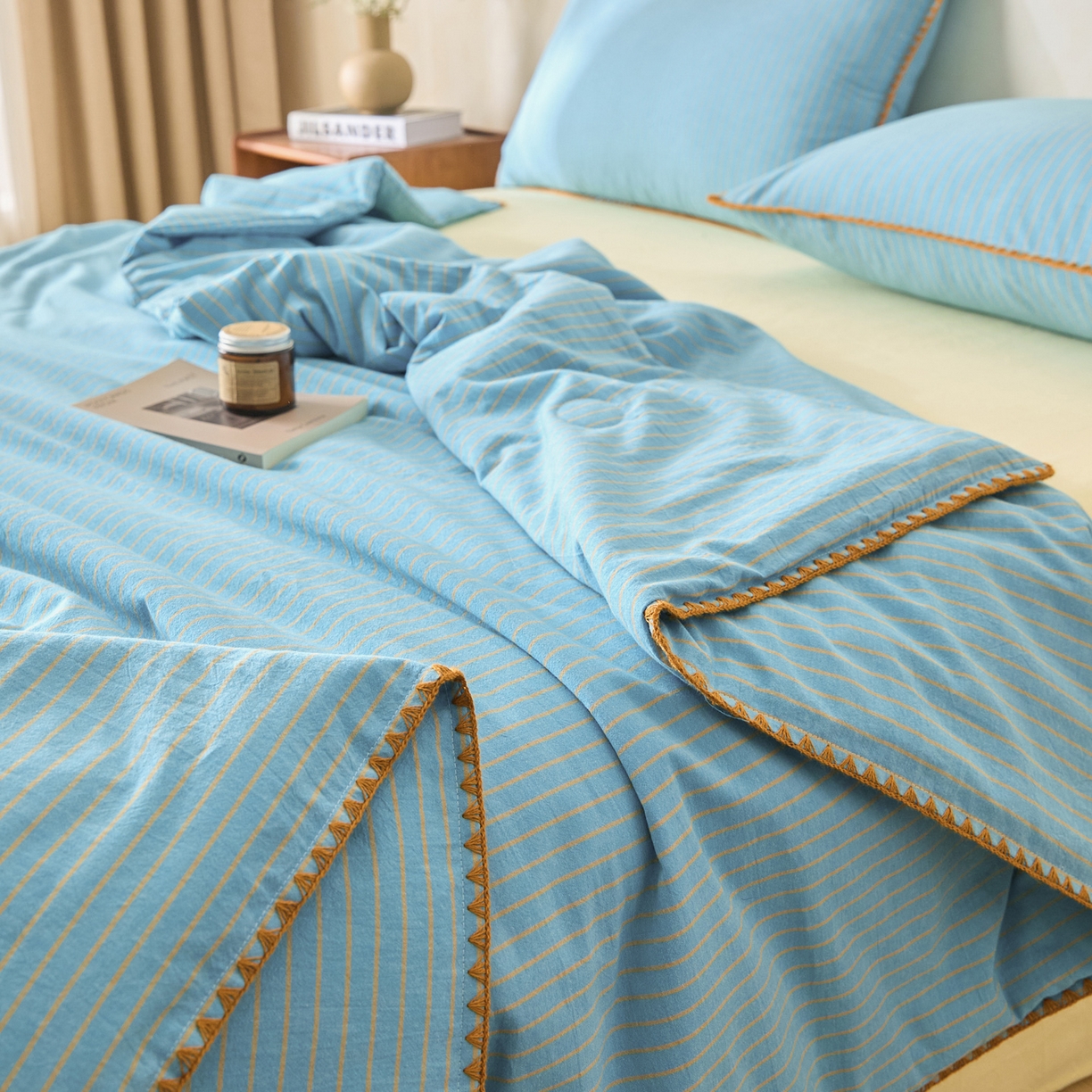 91家纺网 家纺一手货源 找家纺 如一 2026新款全棉色织水洗棉条纹三角针夏被四件套 晴空橙