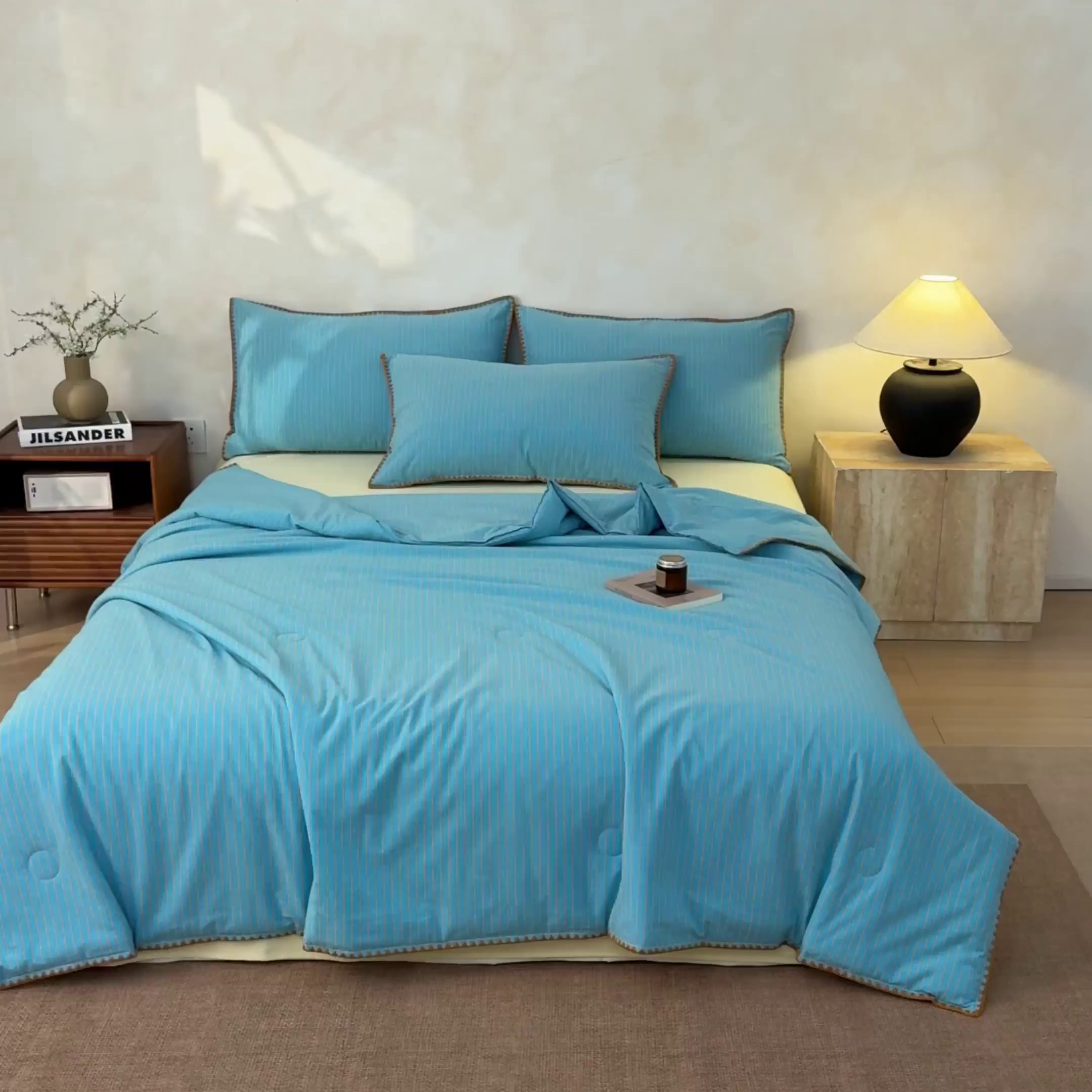 91家纺网 家纺一手货源 找家纺 如一 2026新款全棉色织水洗棉条纹三角针夏被四件套 晴空橙