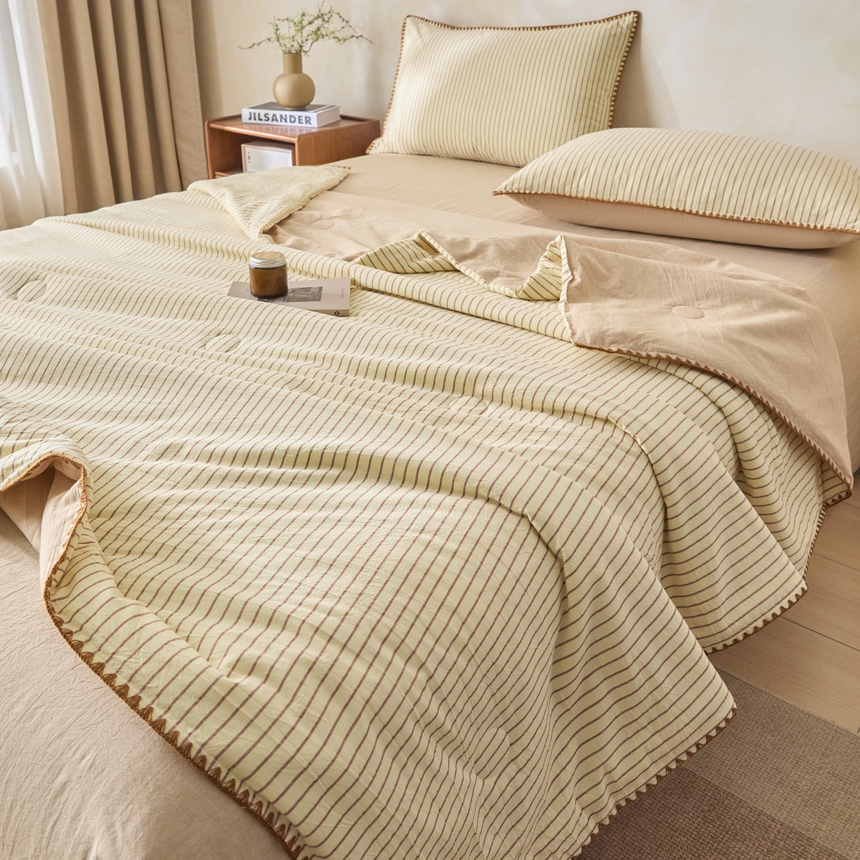 如一 2026新款全棉色织水洗棉条纹三角针夏被四件套 晴空黄