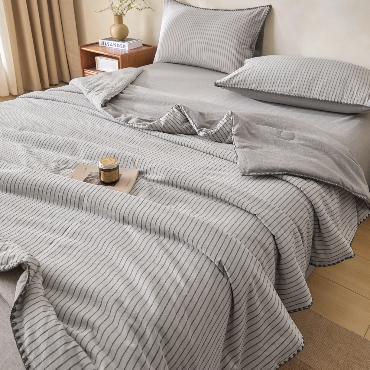 如一 2026新款全棉色织水洗棉条纹三角针夏被四件套 晴空灰