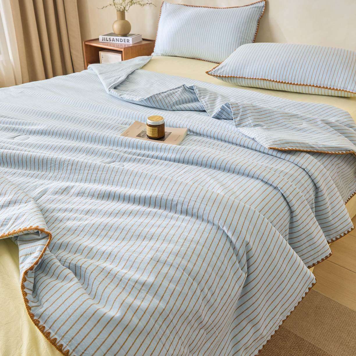 如一 2026新款全棉色织水洗棉条纹三角针夏被四件套 晴空蓝