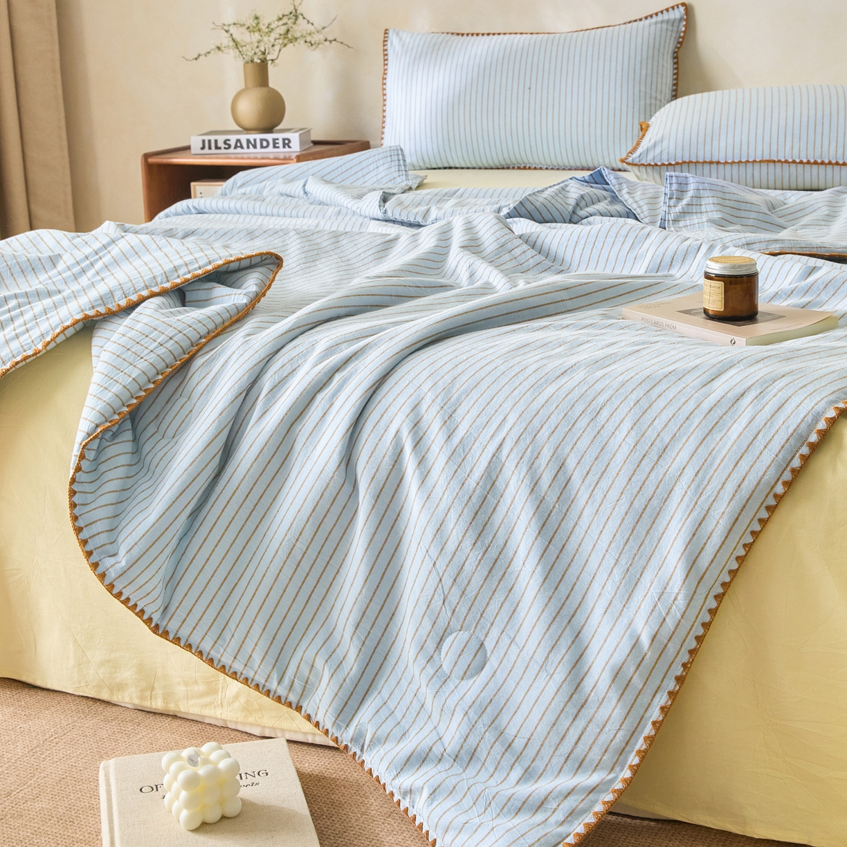 91家纺网 家纺一手货源 找家纺 如一 2026新款全棉色织水洗棉条纹三角针夏被四件套 晴空蓝