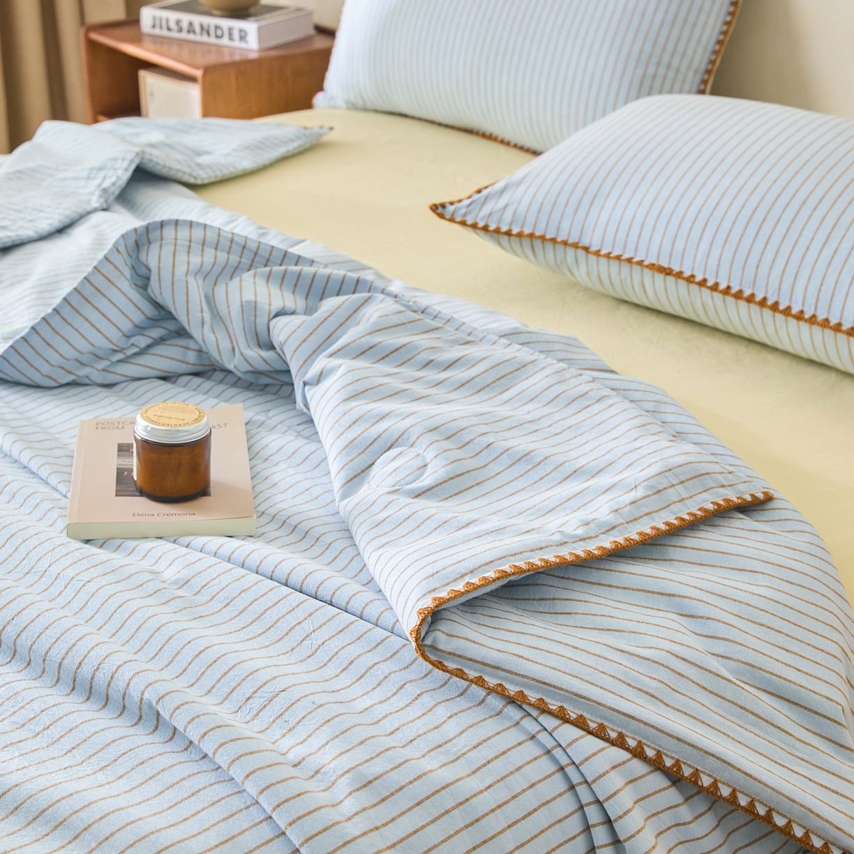 91家纺网 家纺一手货源 找家纺 如一 2026新款全棉色织水洗棉条纹三角针夏被四件套 晴空蓝