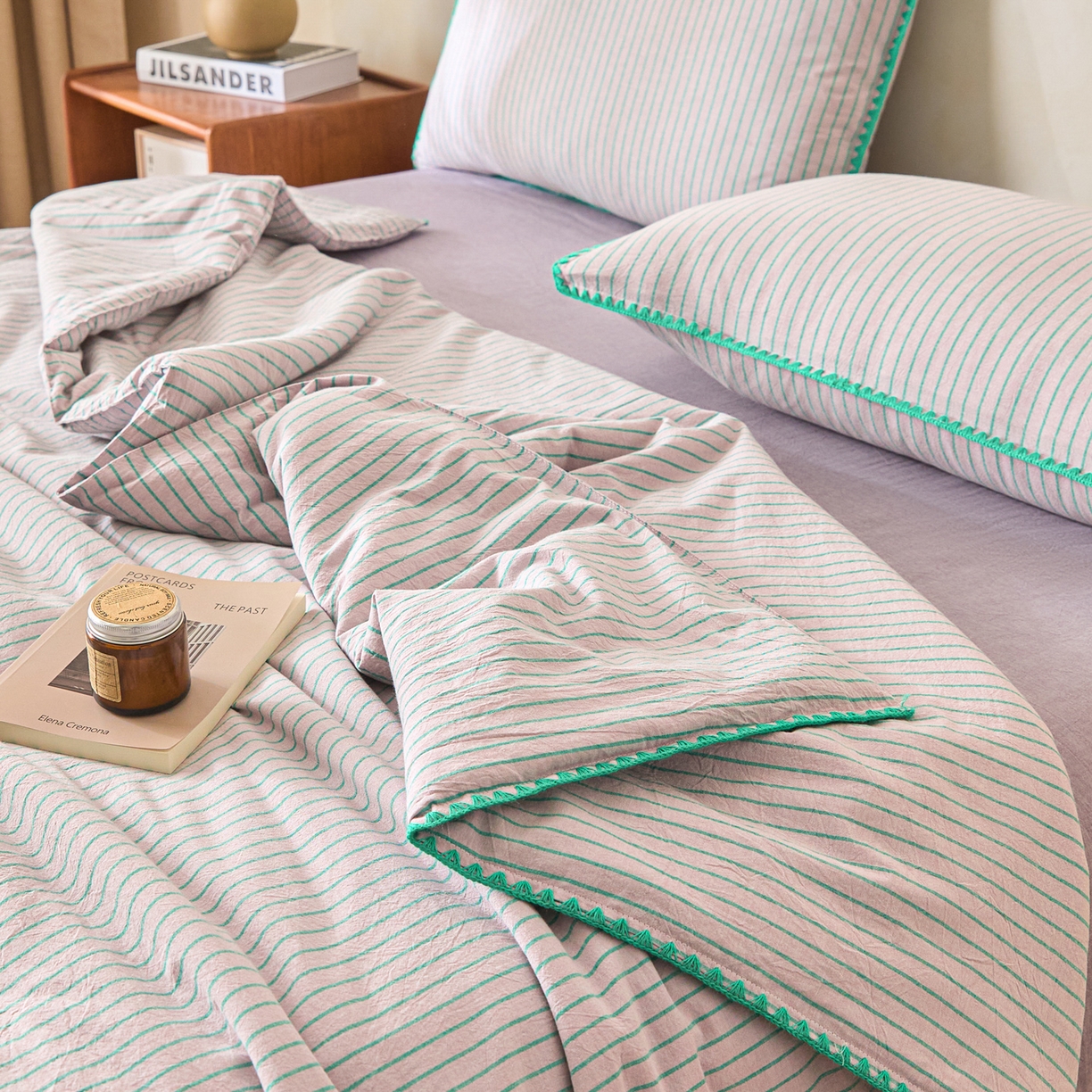 91家纺网 家纺一手货源 找家纺 如一 2026新款全棉色织水洗棉条纹三角针夏被四件套 晴空紫