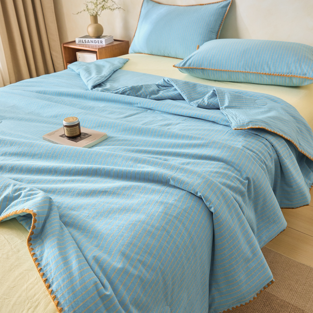 91家纺网 家纺一手货源 找家纺 （总）如一 2026新款全棉色织水洗棉条纹三角针夏被四件套