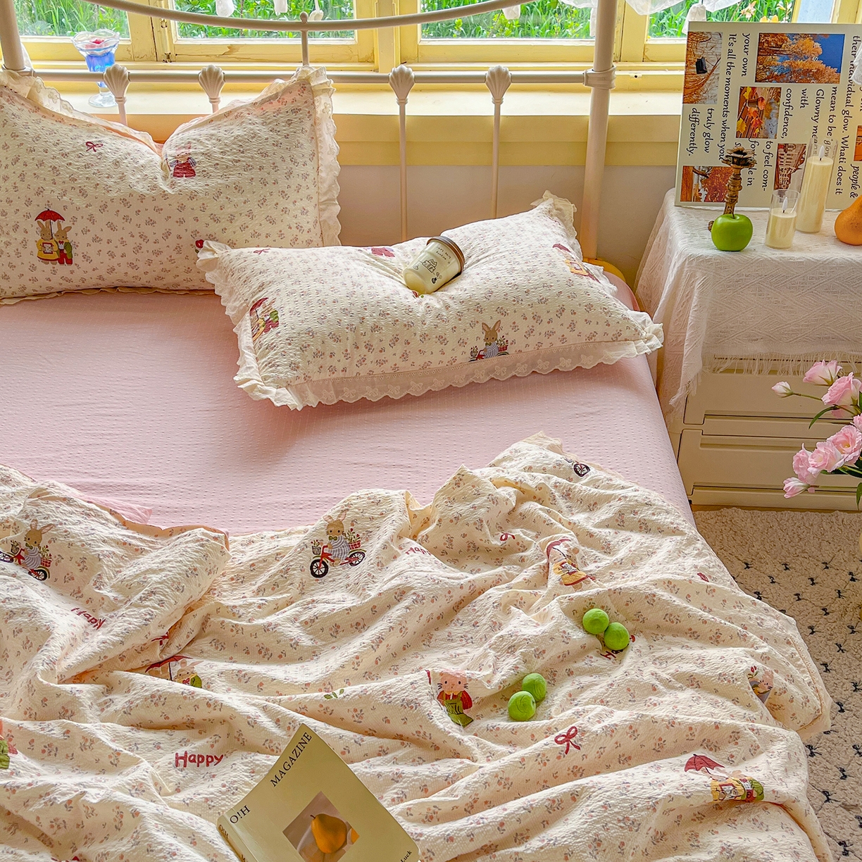 91家纺网 家纺一手货源 找家纺 （总）金梦拉家纺 2026新款全棉花边系列泡芙纱泡泡纱夏被夏凉被空调被四件套