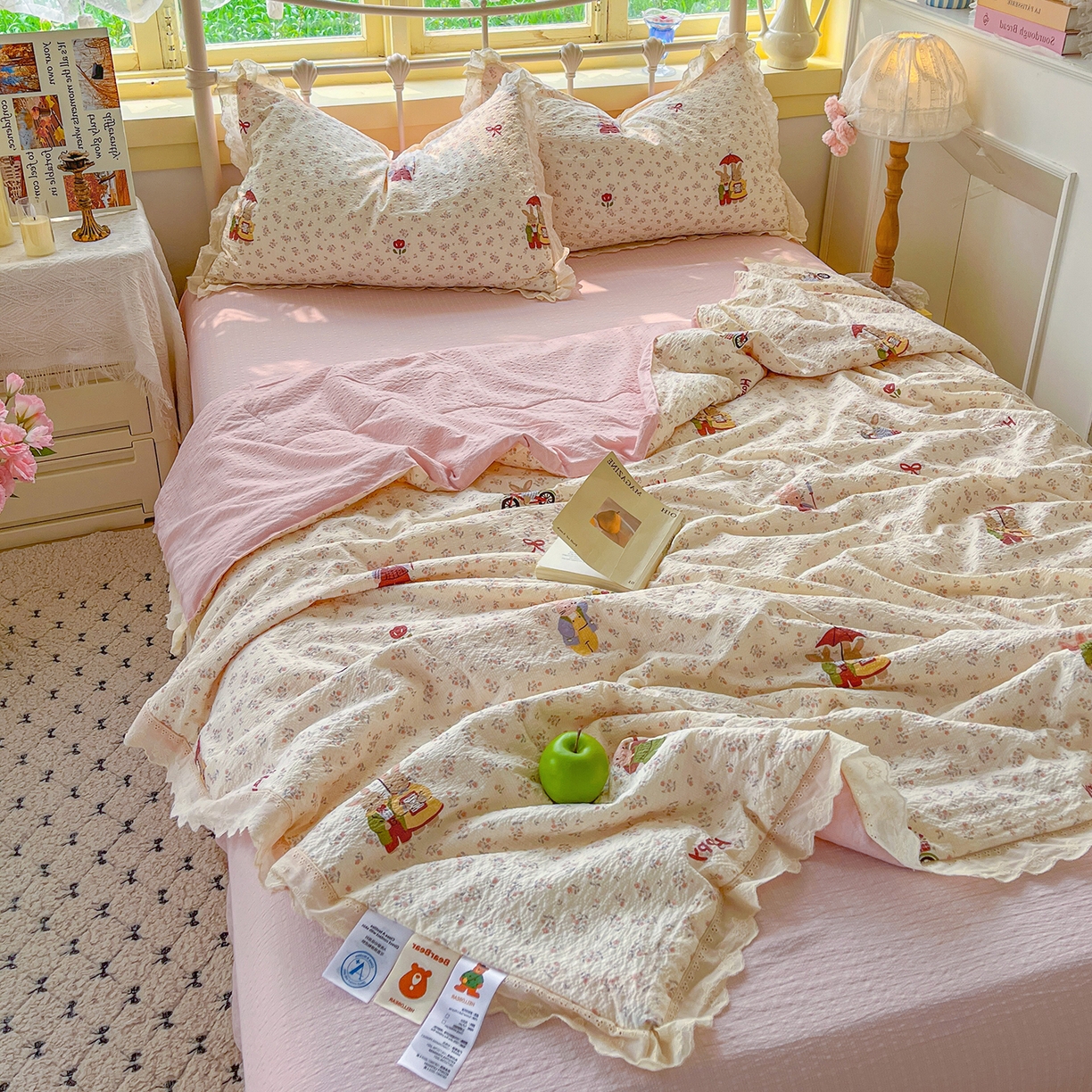 91家纺网 家纺一手货源 找家纺 （总）金梦拉家纺 2026新款全棉花边系列泡芙纱泡泡纱夏被夏凉被空调被四件套