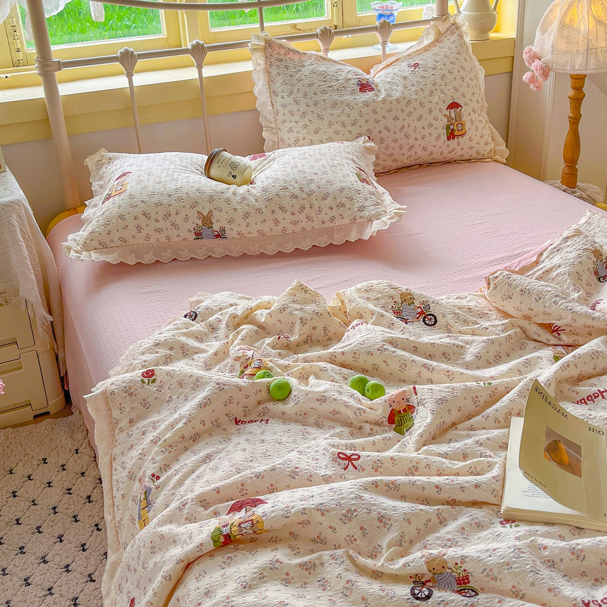 91家纺网 家纺一手货源 找家纺 （总）金梦拉家纺 2026新款全棉花边系列泡芙纱泡泡纱夏被夏凉被空调被四件套