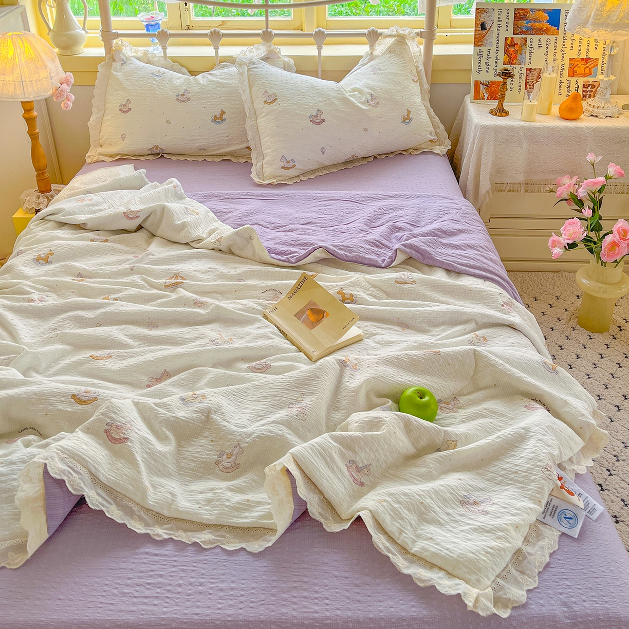 91家纺网 家纺一手货源 找家纺 （总）金梦拉家纺 2026新款全棉花边系列泡芙纱泡泡纱夏被夏凉被空调被四件套