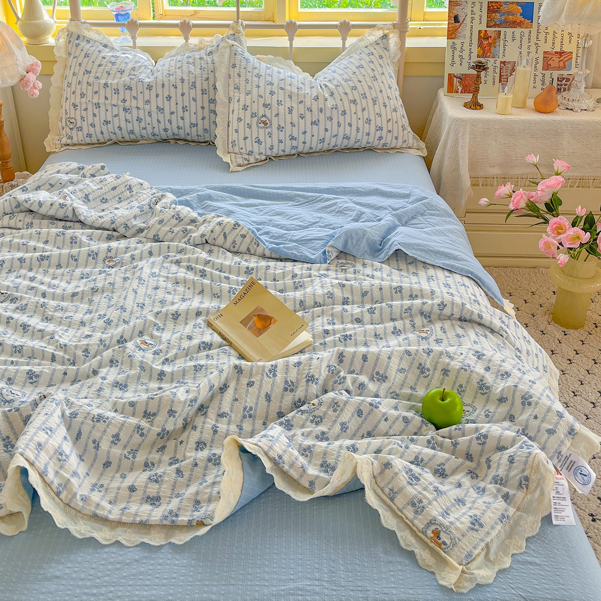 91家纺网 家纺一手货源 找家纺 （总）金梦拉家纺 2026新款全棉花边系列泡芙纱泡泡纱夏被夏凉被空调被四件套