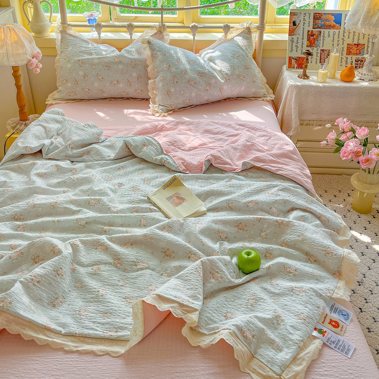 91家纺网 家纺一手货源 找家纺 （总）金梦拉家纺 2026新款全棉花边系列泡芙纱泡泡纱夏被夏凉被空调被四件套