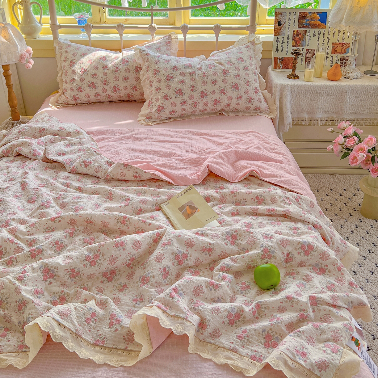 91家纺网 家纺一手货源 找家纺 （总）金梦拉家纺 2026新款全棉花边系列泡芙纱泡泡纱夏被夏凉被空调被四件套