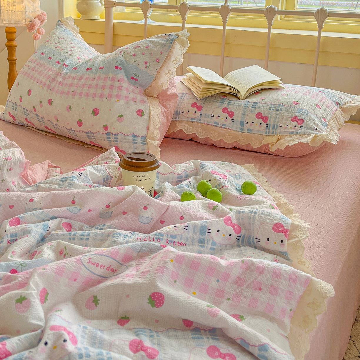 91家纺网 家纺一手货源 找家纺 金梦拉家纺 2026新款全棉花边系列泡芙纱泡泡纱夏被夏凉被空调被四件套 粉蓝KT