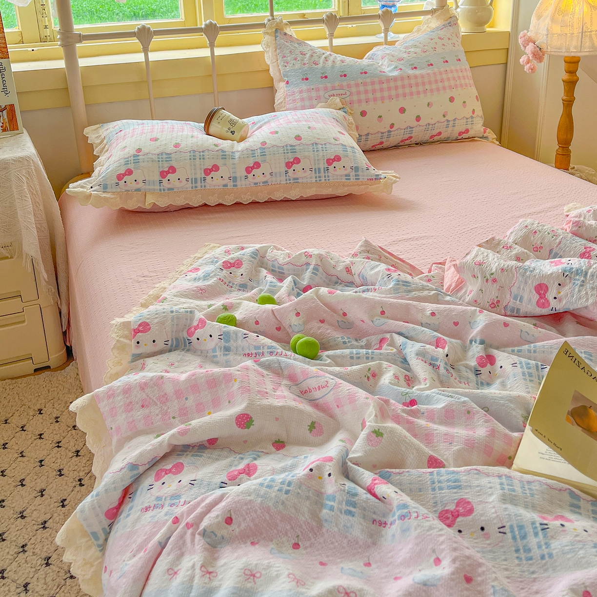 91家纺网 家纺一手货源 找家纺 金梦拉家纺 2026新款全棉花边系列泡芙纱泡泡纱夏被夏凉被空调被四件套 粉蓝KT