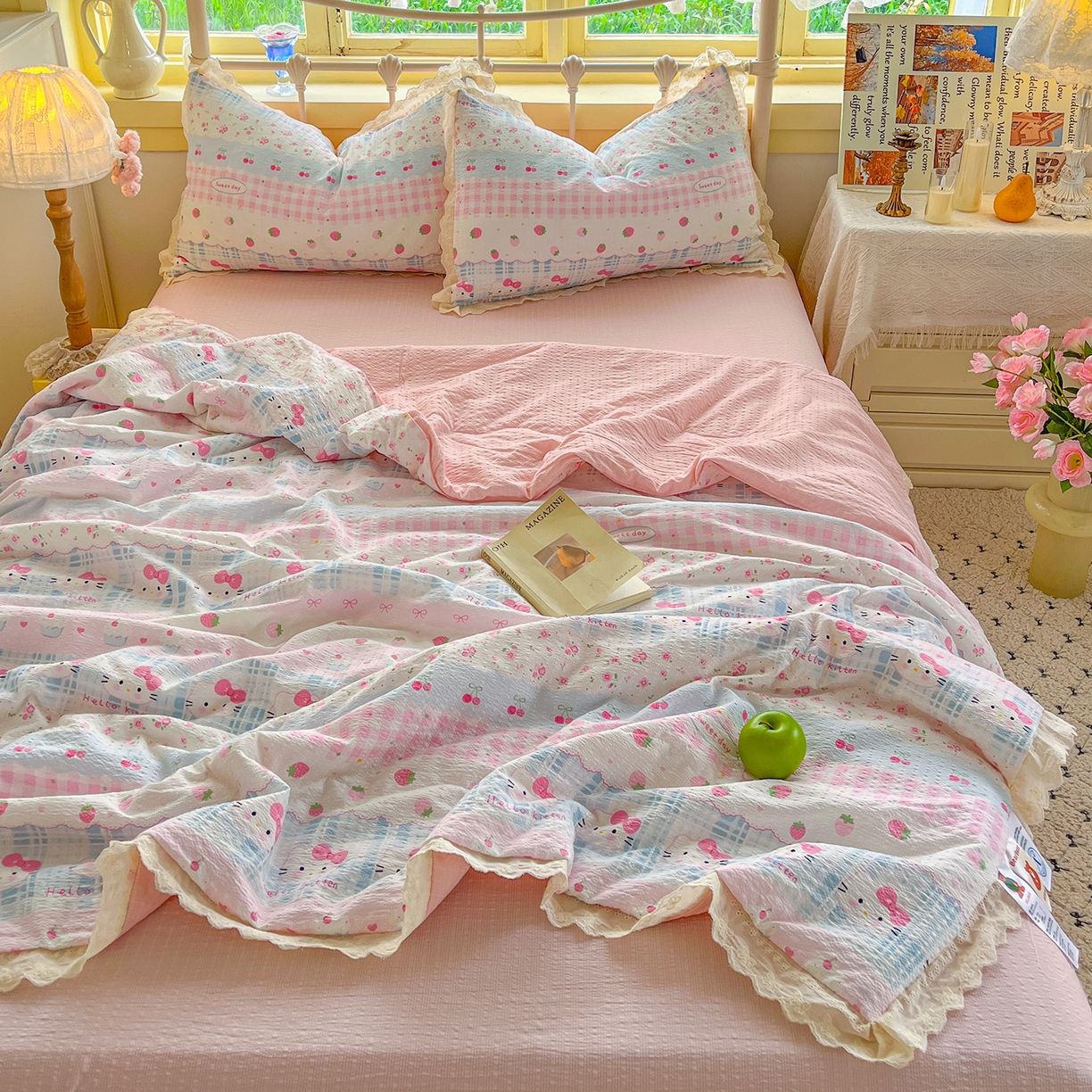 金梦拉家纺 2026新款全棉花边系列泡芙纱泡泡纱夏被夏凉被空调被四件套 粉蓝KT