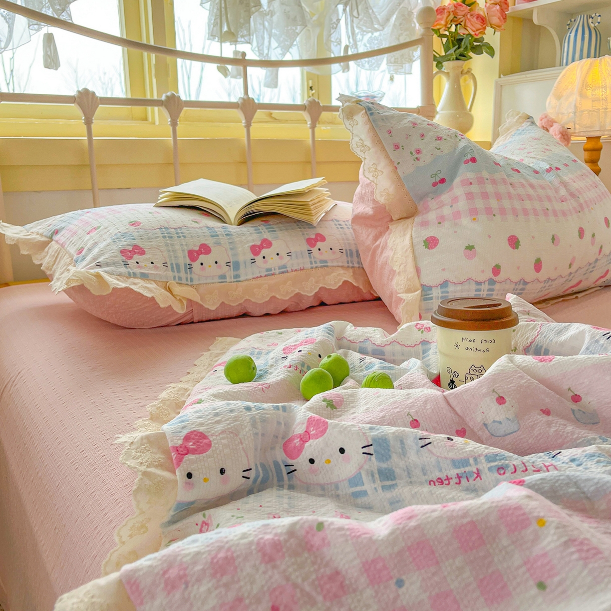 91家纺网 家纺一手货源 找家纺 金梦拉家纺 2026新款全棉花边系列泡芙纱泡泡纱夏被夏凉被空调被四件套 粉蓝KT