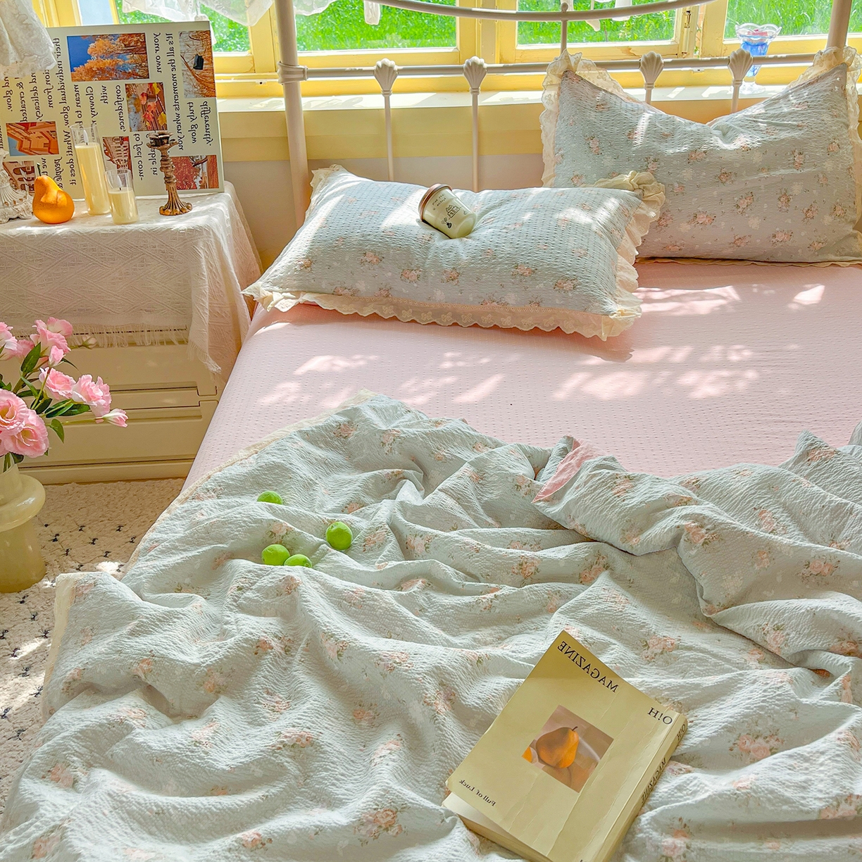 91家纺网 家纺一手货源 找家纺 金梦拉家纺 2026新款全棉花边系列泡芙纱泡泡纱夏被夏凉被空调被四件套 雾蓝粉黛