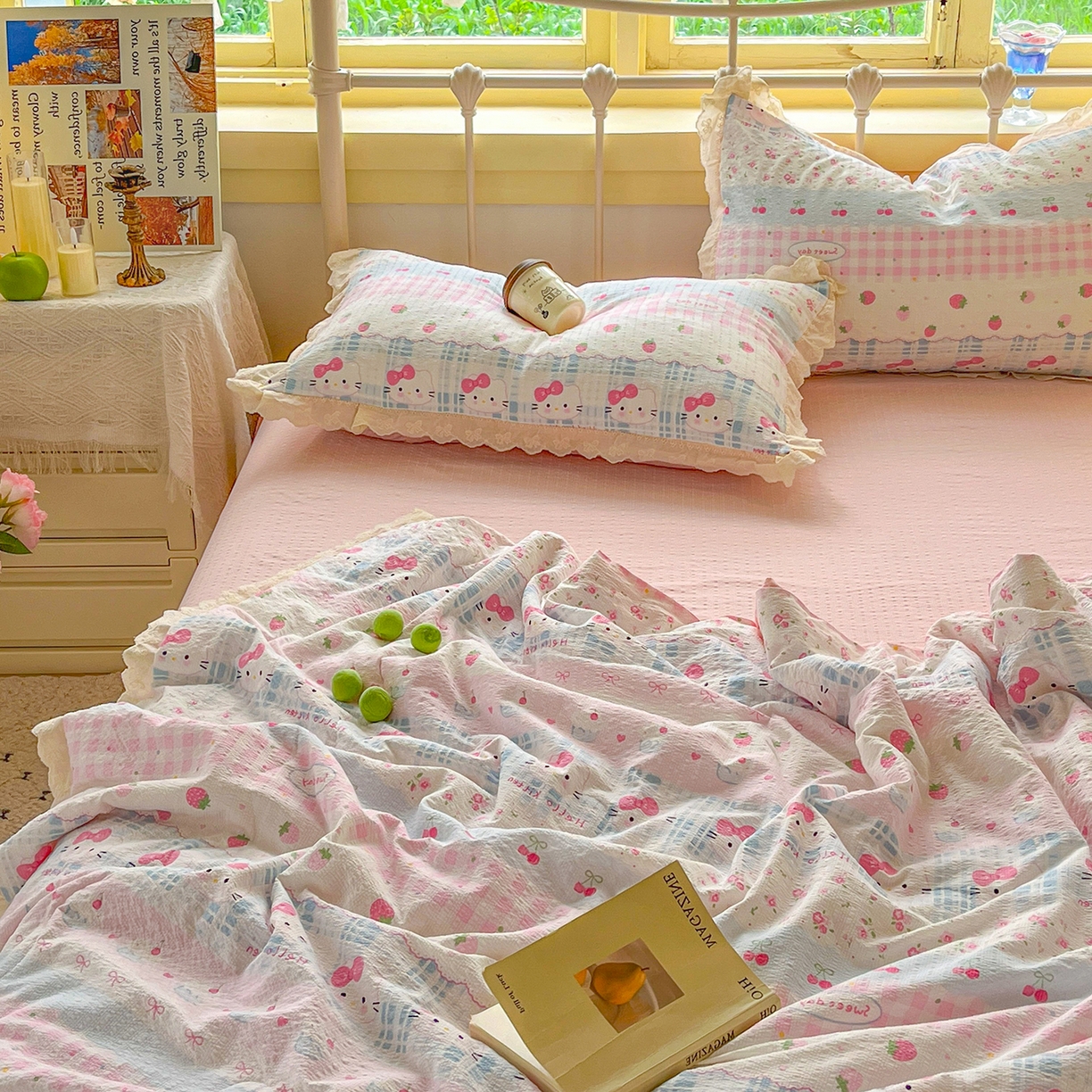 91家纺网 家纺一手货源 找家纺 金梦拉家纺 2026新款全棉花边系列泡芙纱泡泡纱夏被夏凉被空调被四件套 粉蓝KT