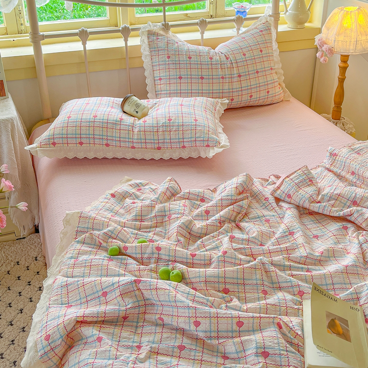 91家纺网 家纺一手货源 找家纺 金梦拉家纺 2026新款全棉花边系列泡芙纱泡泡纱夏被夏凉被空调被四件套 格格心动