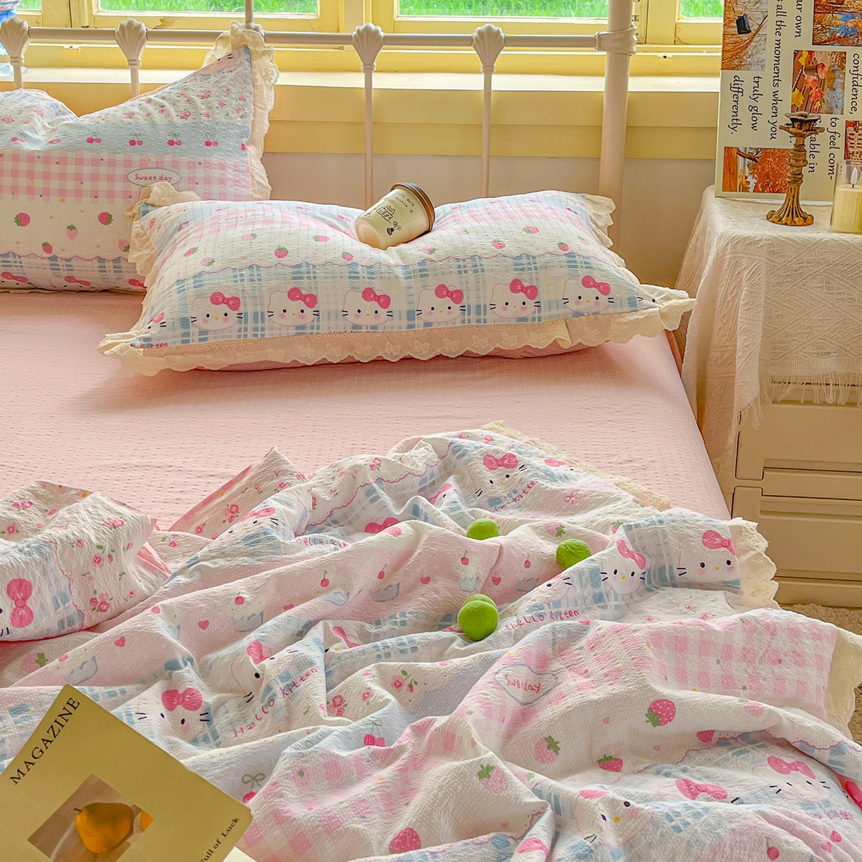 91家纺网 家纺一手货源 找家纺 金梦拉家纺 2026新款全棉花边系列泡芙纱泡泡纱夏被夏凉被空调被四件套 粉蓝KT