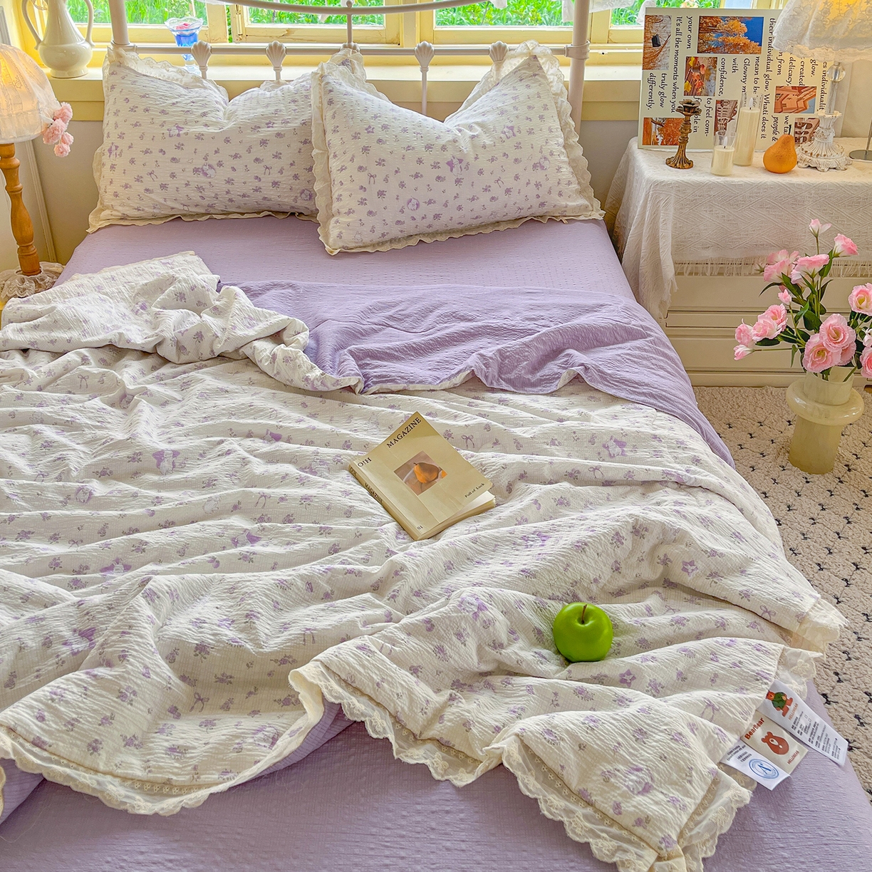 金梦拉家纺 2026新款全棉花边系列泡芙纱泡泡纱夏被夏凉被空调被四件套 小紫花免