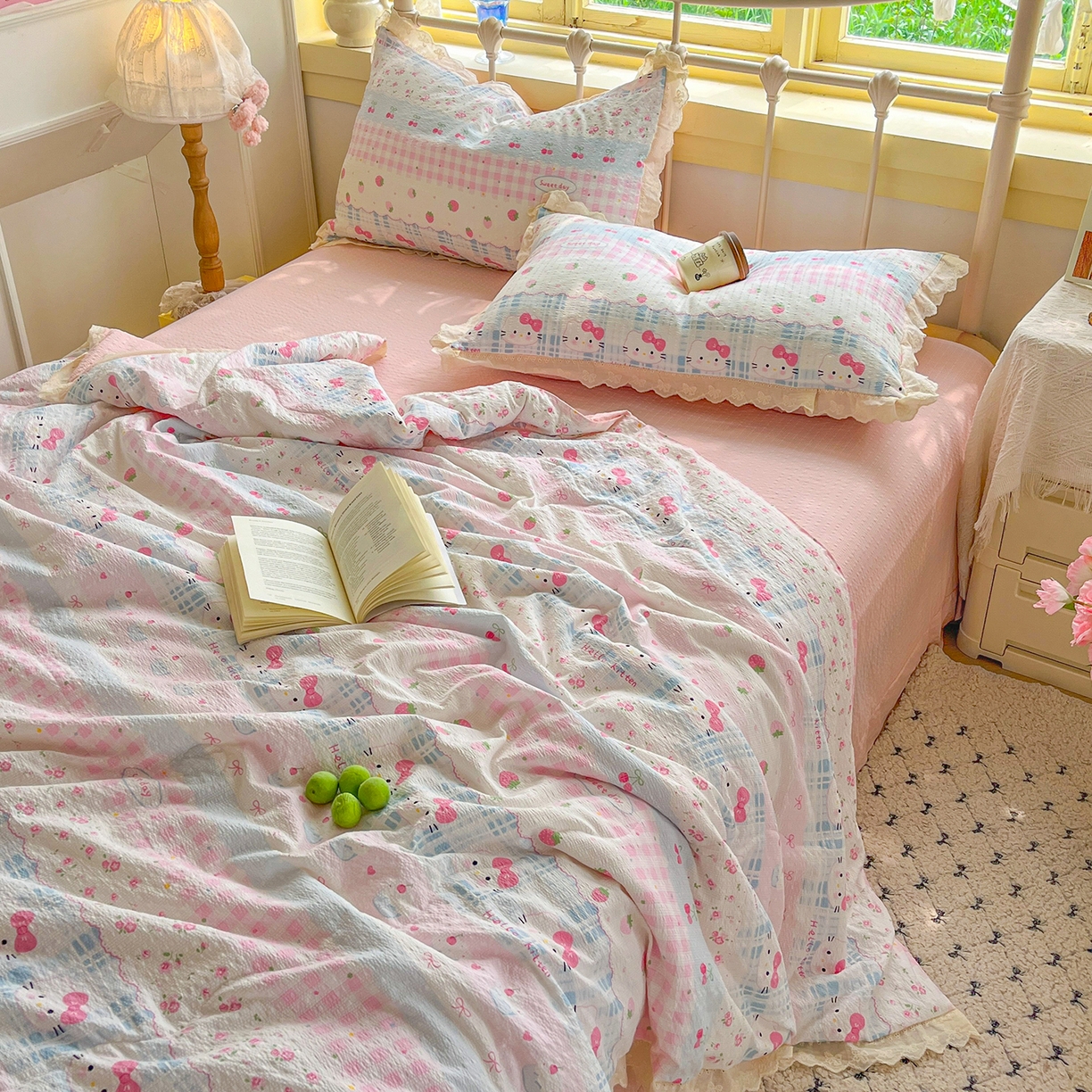 91家纺网 家纺一手货源 找家纺 金梦拉家纺 2026新款全棉花边系列泡芙纱泡泡纱夏被夏凉被空调被四件套 粉蓝KT