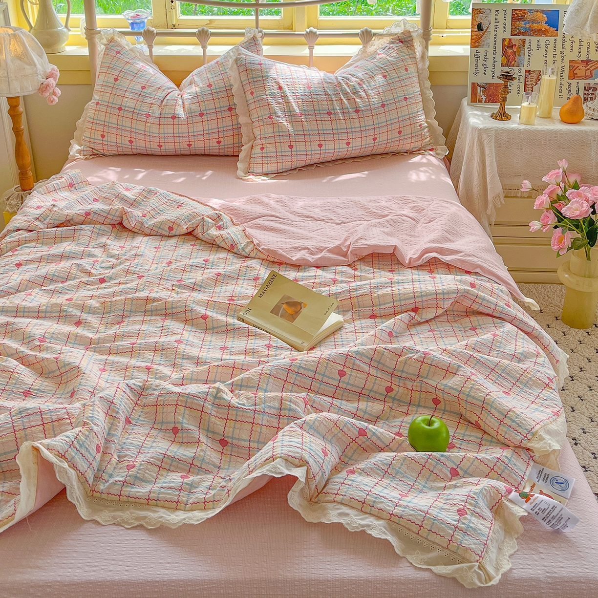 金梦拉家纺 2026新款全棉花边系列泡芙纱泡泡纱夏被夏凉被空调被四件套 格格心动