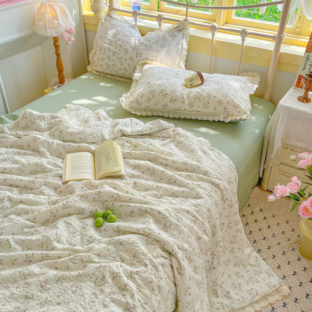 91家纺网 家纺一手货源 找家纺 金梦拉家纺 2026新款全棉花边系列泡芙纱泡泡纱夏被夏凉被空调被四件套 青草録