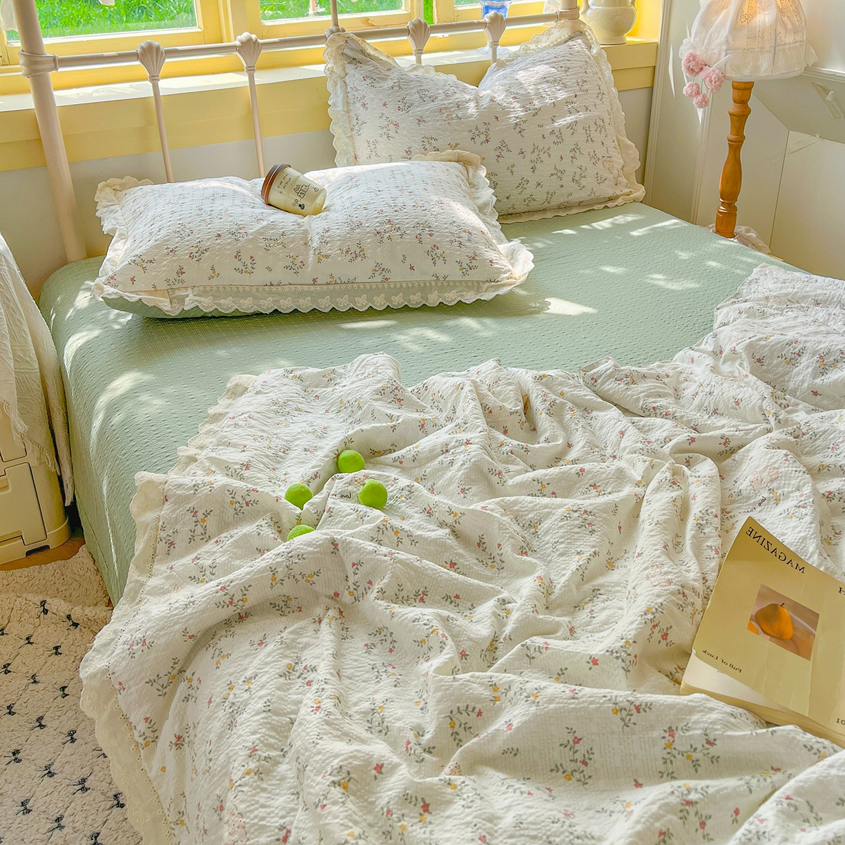 91家纺网 家纺一手货源 找家纺 金梦拉家纺 2026新款全棉花边系列泡芙纱泡泡纱夏被夏凉被空调被四件套 青草録