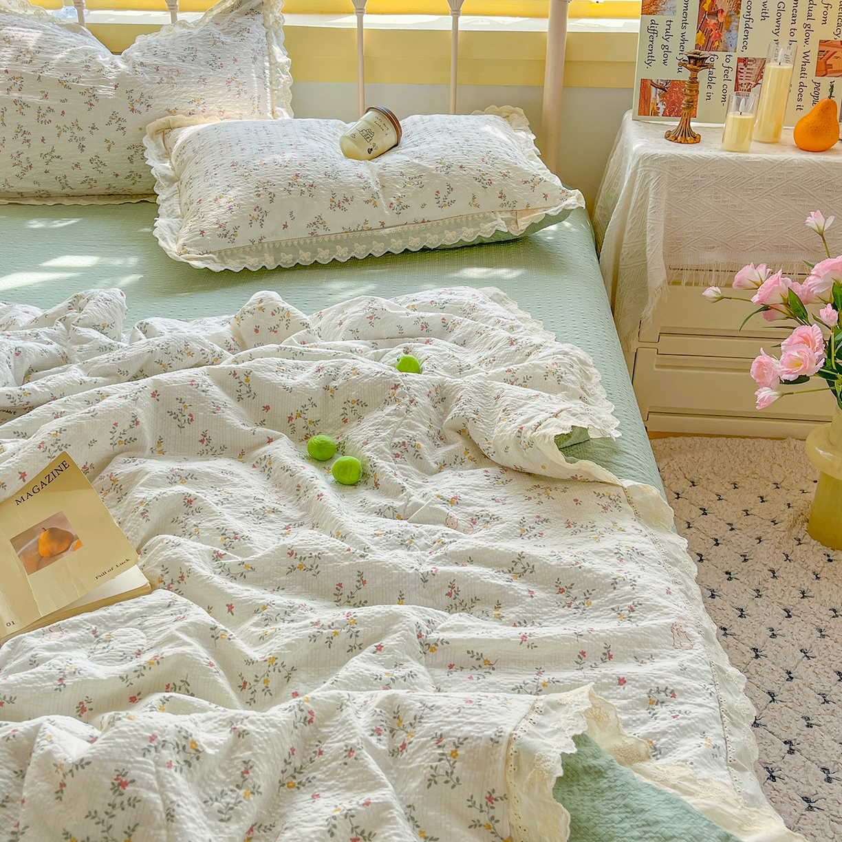 91家纺网 家纺一手货源 找家纺 金梦拉家纺 2026新款全棉花边系列泡芙纱泡泡纱夏被夏凉被空调被四件套 青草録