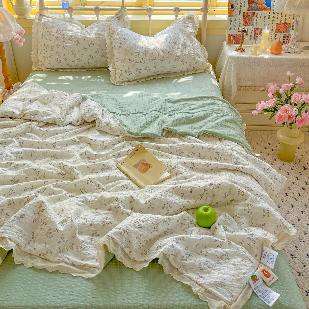 金梦拉家纺 2026新款全棉花边系列泡芙纱泡泡纱夏被夏凉被空调被四件套 青草録