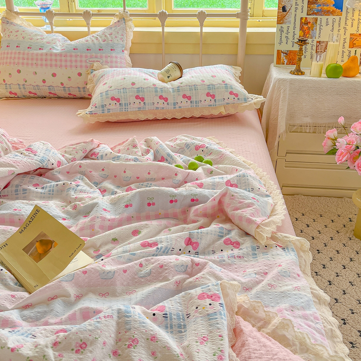 91家纺网 家纺一手货源 找家纺 金梦拉家纺 2026新款全棉花边系列泡芙纱泡泡纱夏被夏凉被空调被四件套 粉蓝KT