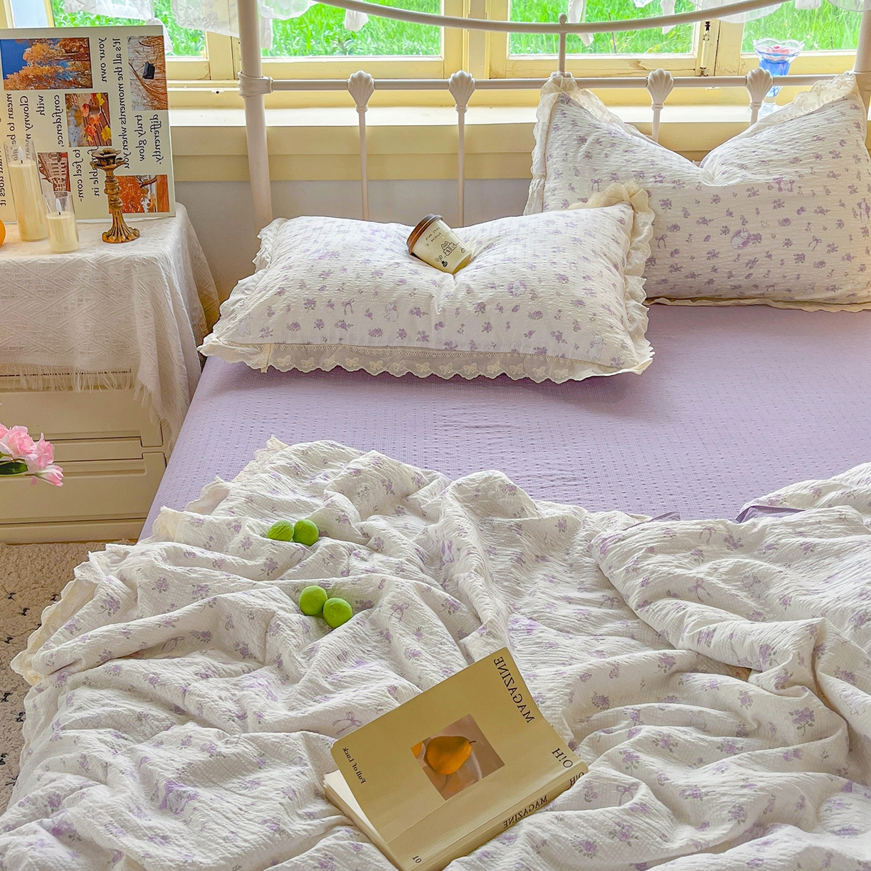 91家纺网 家纺一手货源 找家纺 金梦拉家纺 2026新款全棉花边系列泡芙纱泡泡纱夏被夏凉被空调被四件套 小紫花免