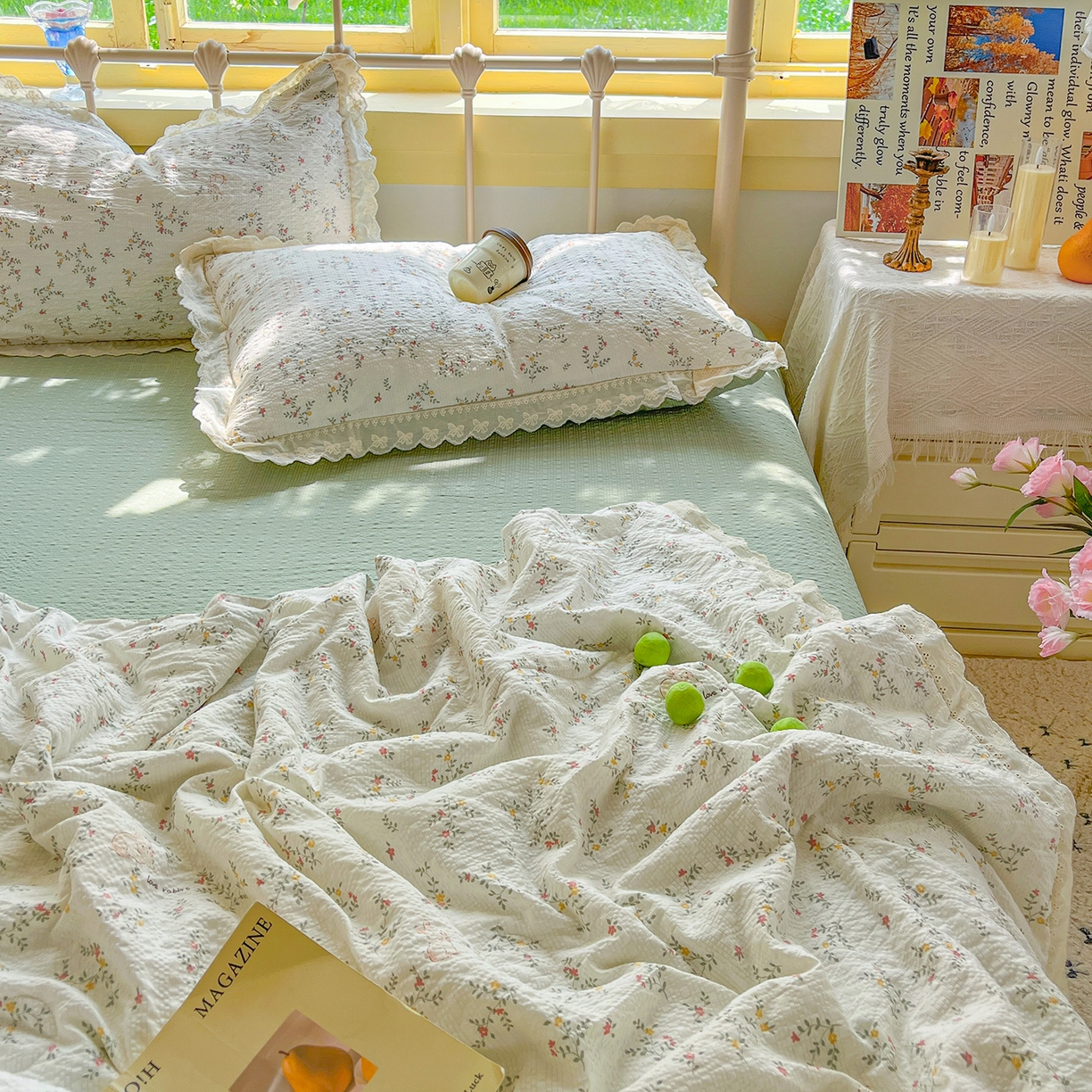 91家纺网 家纺一手货源 找家纺 金梦拉家纺 2026新款全棉花边系列泡芙纱泡泡纱夏被夏凉被空调被四件套 青草録