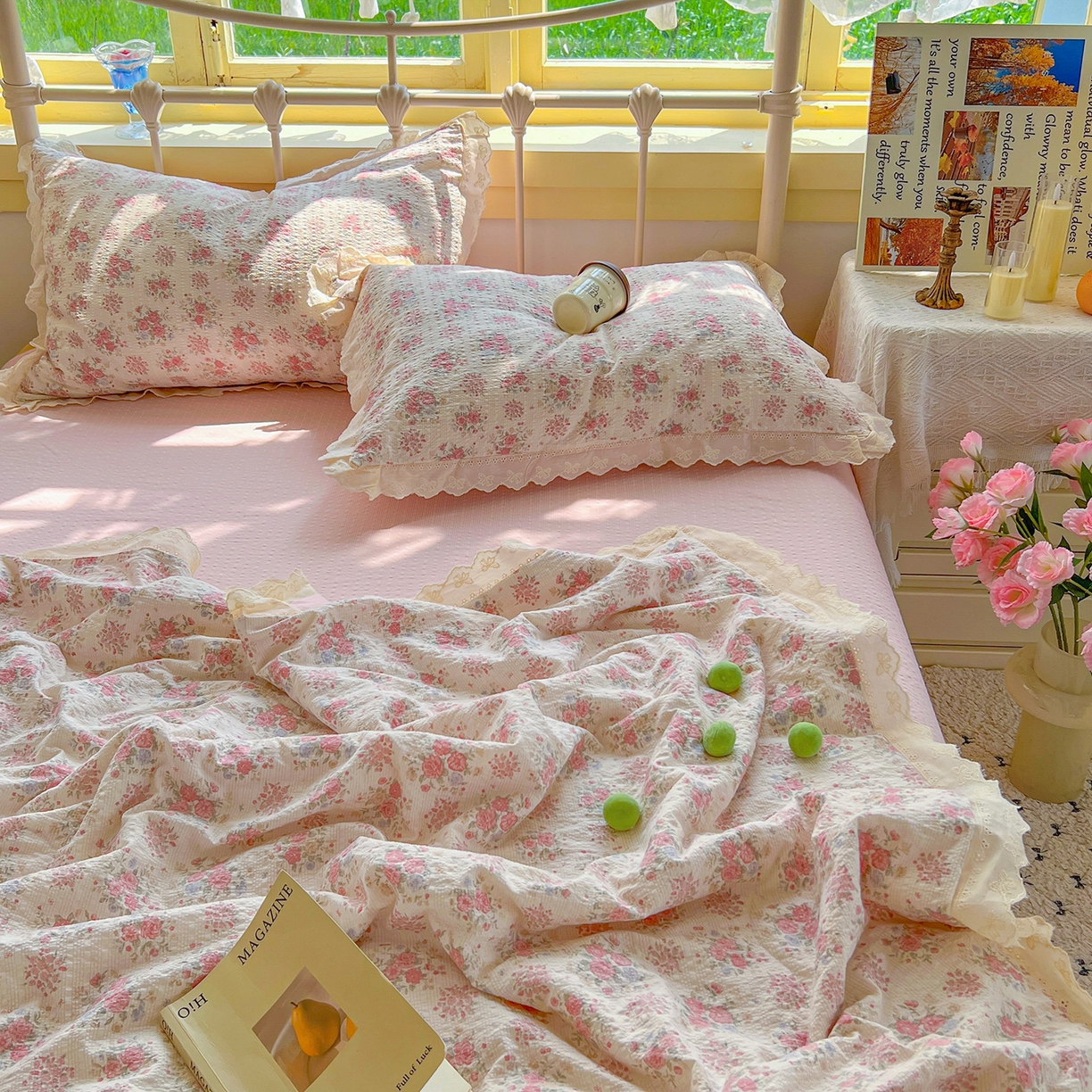 91家纺网 家纺一手货源 找家纺 金梦拉家纺 2026新款全棉花边系列泡芙纱泡泡纱夏被夏凉被空调被四件套 花漾浅梦