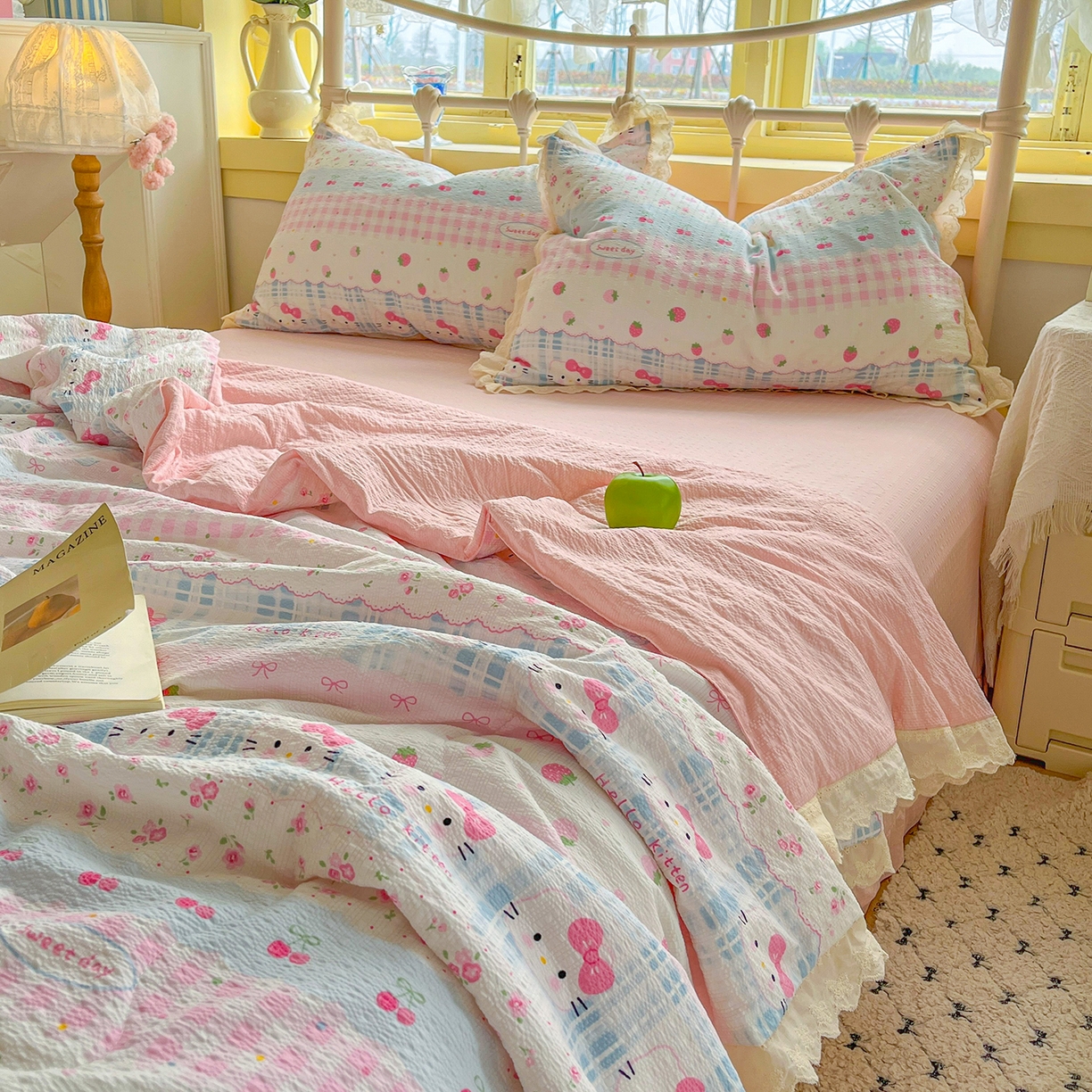 91家纺网 家纺一手货源 找家纺 金梦拉家纺 2026新款全棉花边系列泡芙纱泡泡纱夏被夏凉被空调被四件套 粉蓝KT