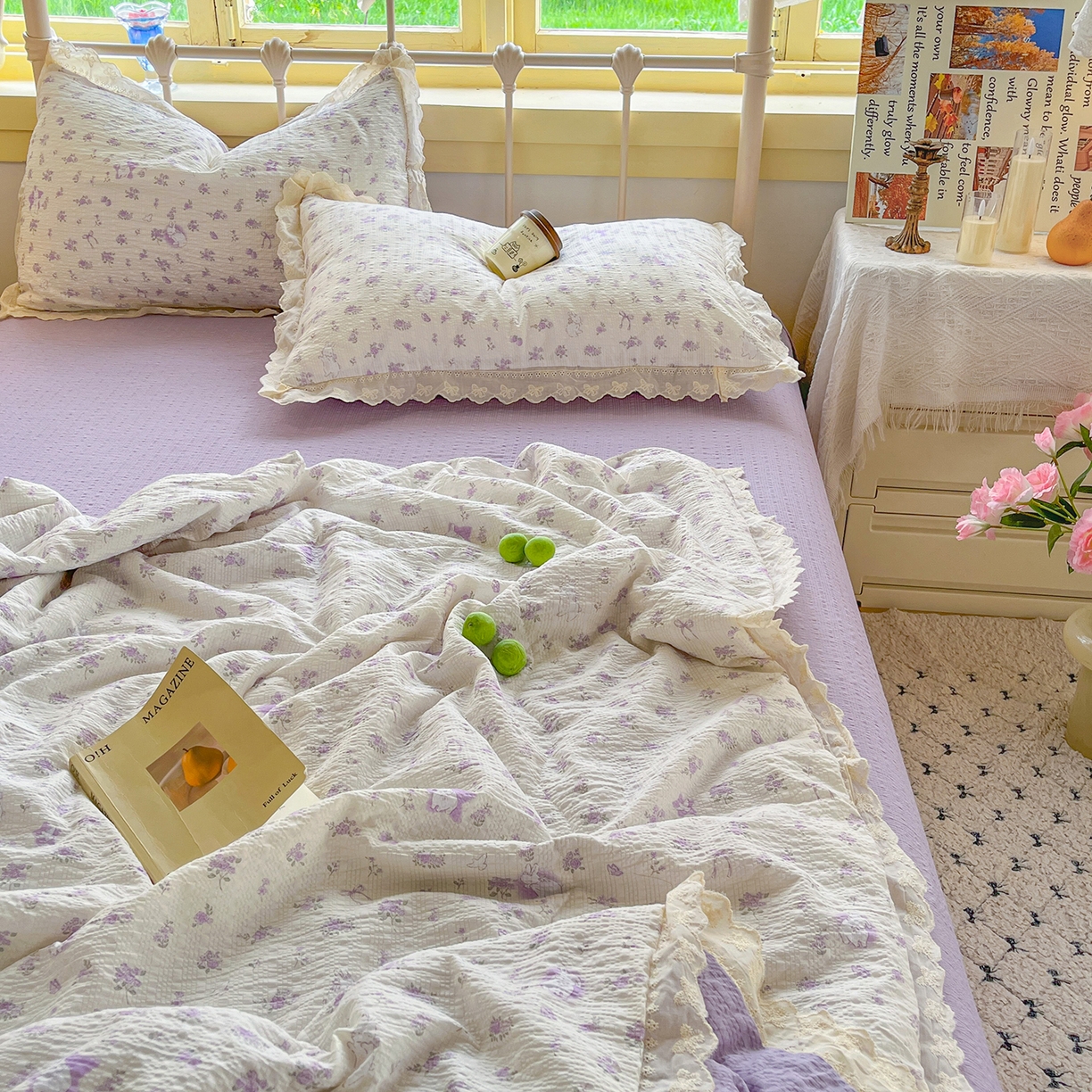 91家纺网 家纺一手货源 找家纺 金梦拉家纺 2026新款全棉花边系列泡芙纱泡泡纱夏被夏凉被空调被四件套 小紫花免