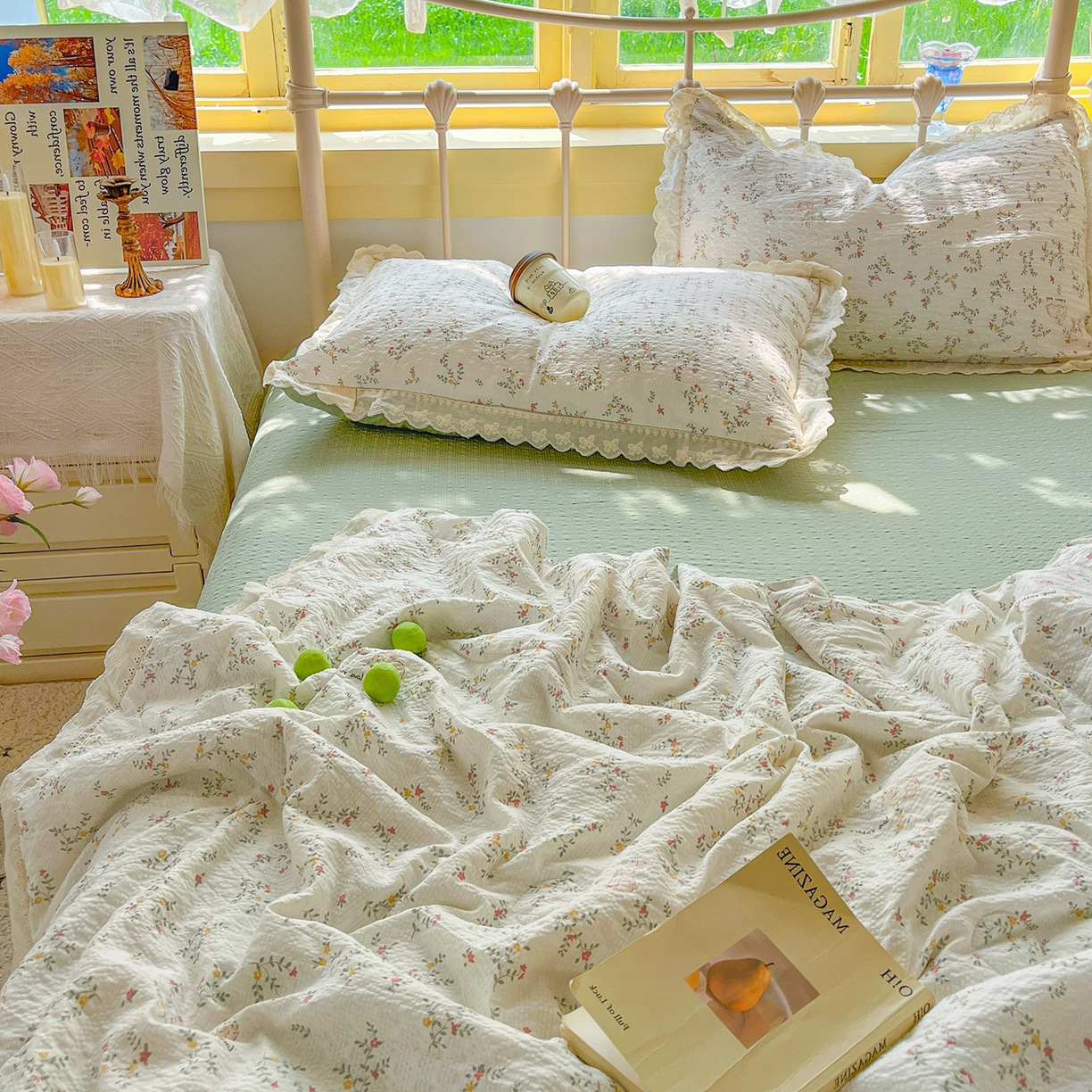 91家纺网 家纺一手货源 找家纺 金梦拉家纺 2026新款全棉花边系列泡芙纱泡泡纱夏被夏凉被空调被四件套 青草録